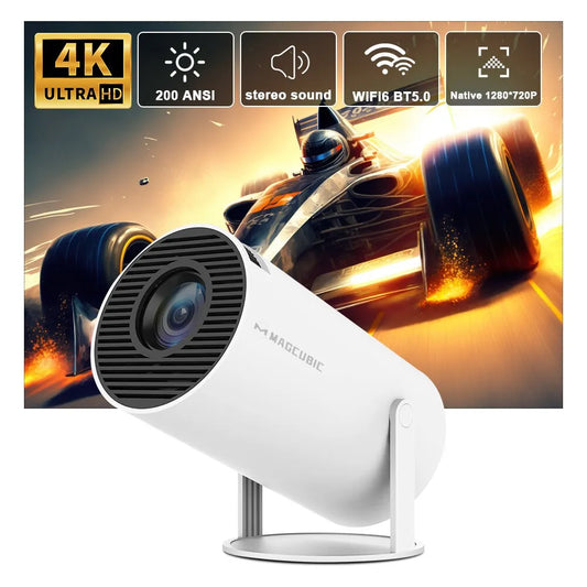 "4K Android projector with dual WiFi 6, 200 ANSI brightness, Bluetooth 5.0, 1080P native resolution, suitable for home cinema and outdoor use."